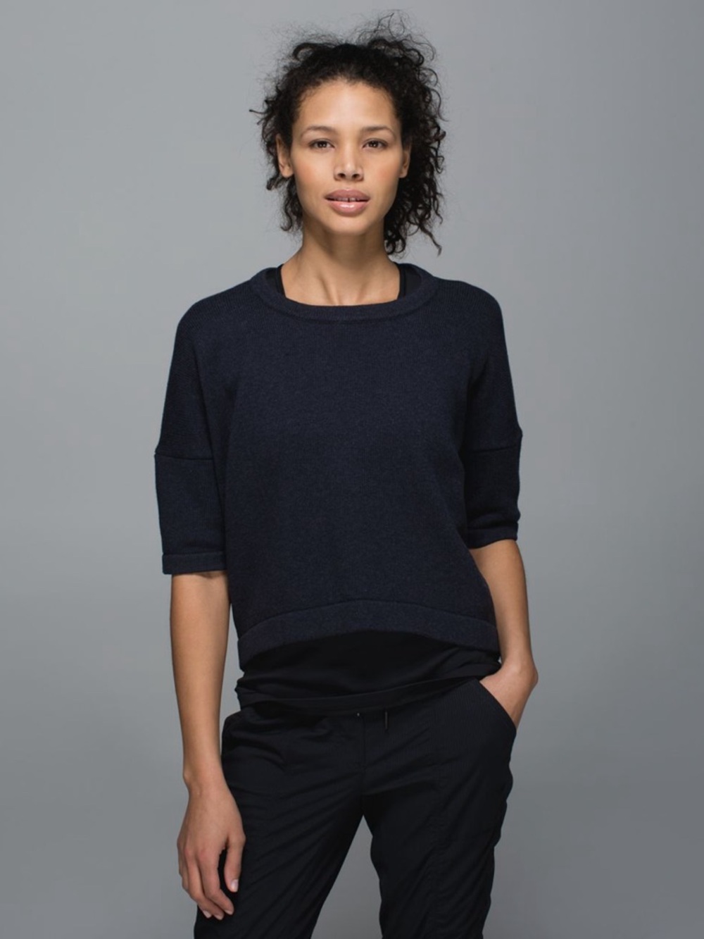 Lululemon Bhakti Reality Knit Sweater Navy Blue Short Sleeve Oversized XS/S